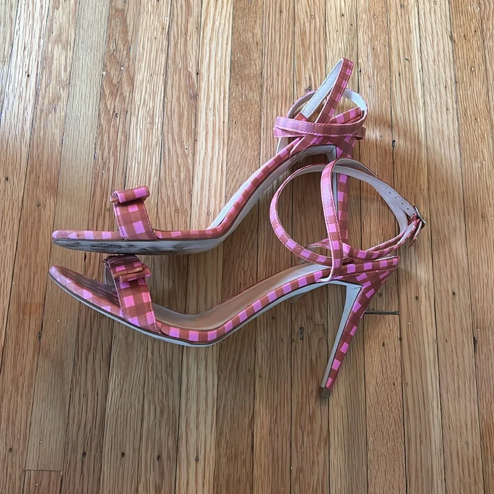 J.Crew Pink Gingham Print Leather Strappy High Heel Sandals with Bow, Size 8.5 - Picture 4 of 10